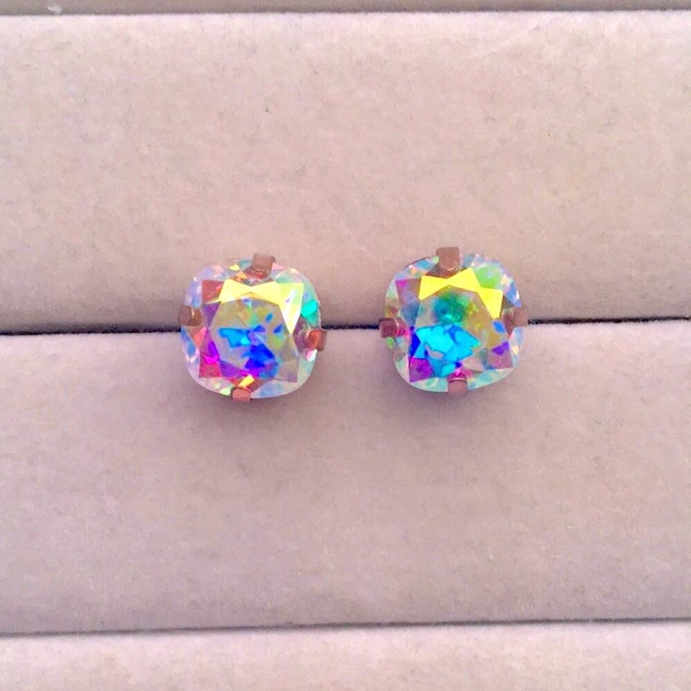 Aurora Borealis + Rose Gold Cushion Cut Crystal Earrings - Picture 1 of 6